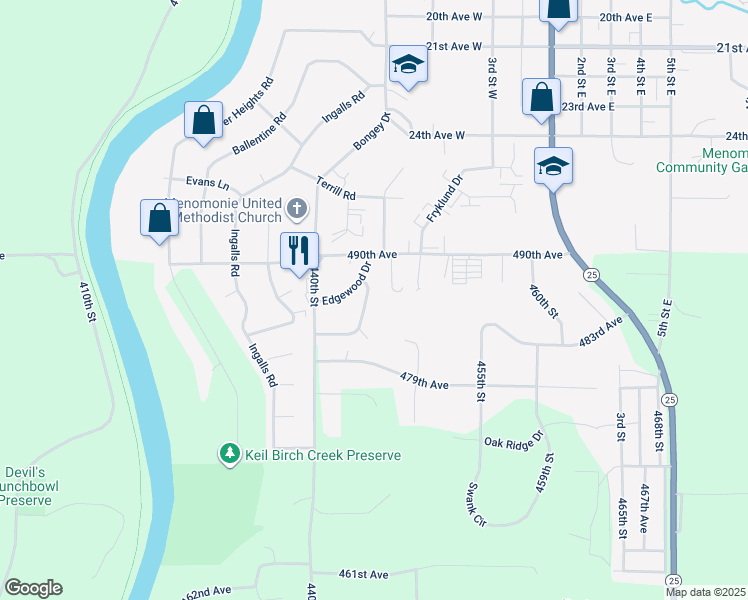 map of restaurants, bars, coffee shops, grocery stores, and more near 2912 Timber Terrace in Menomonie