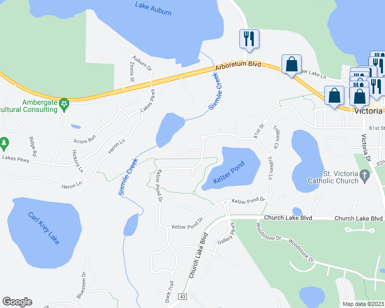 map of restaurants, bars, coffee shops, grocery stores, and more near 2245 Thrushwood Circle in Victoria