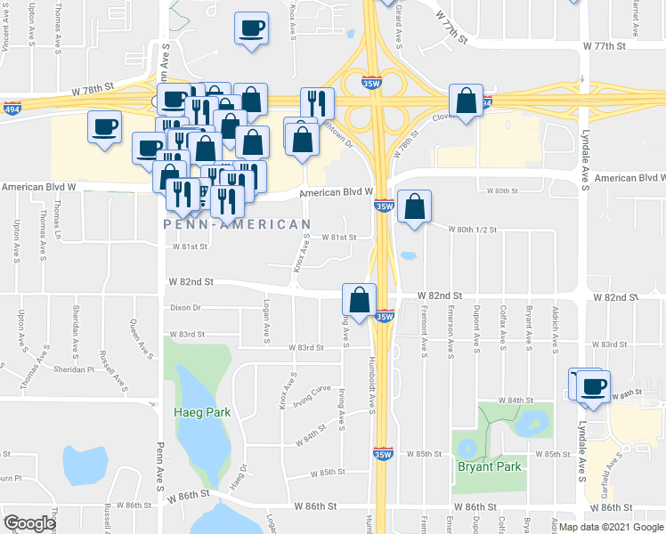 map of restaurants, bars, coffee shops, grocery stores, and more near 1700 West 82nd Street in Bloomington