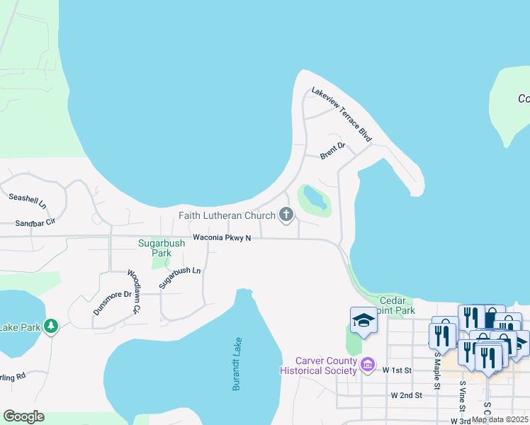 map of restaurants, bars, coffee shops, grocery stores, and more near 25 Anita Avenue in Waconia