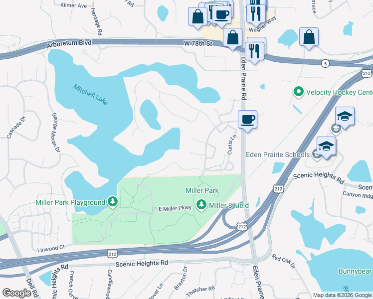 map of restaurants, bars, coffee shops, grocery stores, and more near 8081 Timber Lake Drive in Eden Prairie