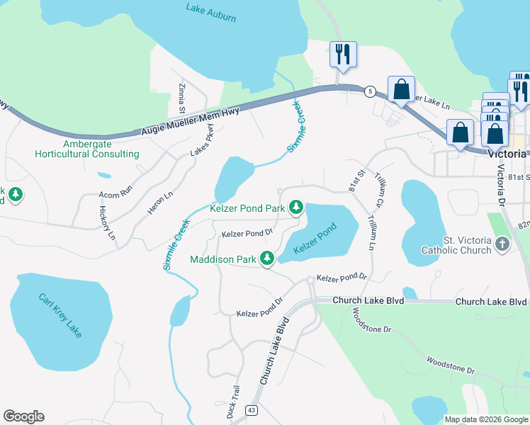 map of restaurants, bars, coffee shops, grocery stores, and more near 2255 Thrushwood Circle in Victoria