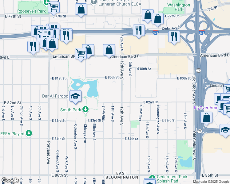map of restaurants, bars, coffee shops, grocery stores, and more near 8100 12th Avenue South in Bloomington