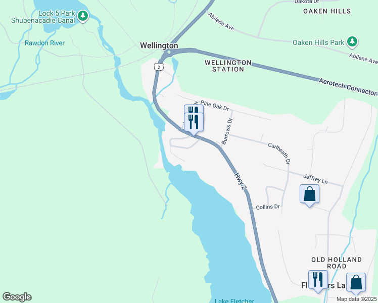 map of restaurants, bars, coffee shops, grocery stores, and more near Thompson Drive in Wellington