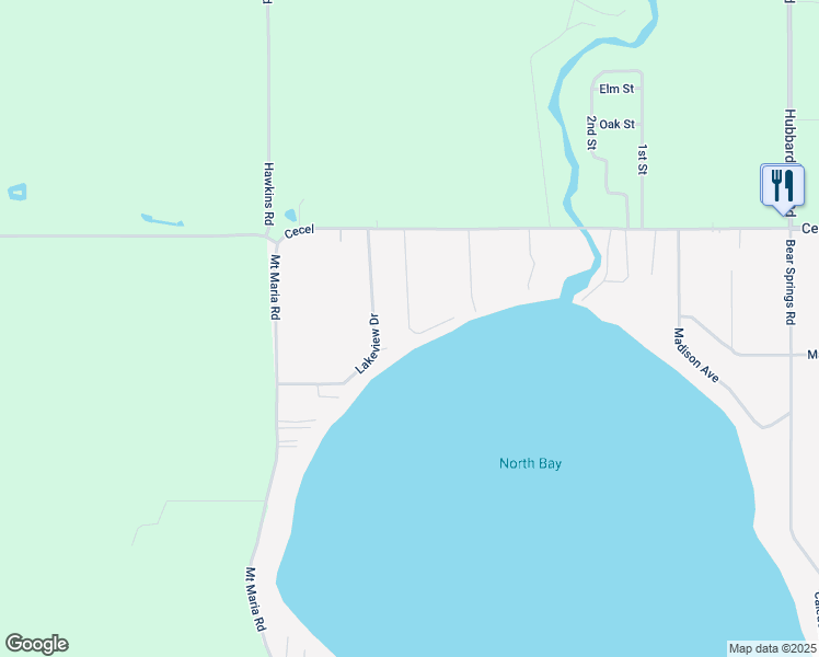 map of restaurants, bars, coffee shops, grocery stores, and more near 1801 Maryland Drive in Hubbard Lake