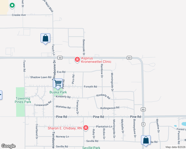 map of restaurants, bars, coffee shops, grocery stores, and more near 1935 Eva Road in Kronenwetter