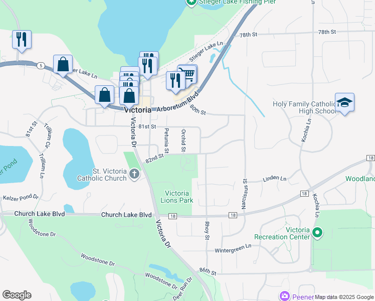 map of restaurants, bars, coffee shops, grocery stores, and more near 8163 Orchid Street in Victoria