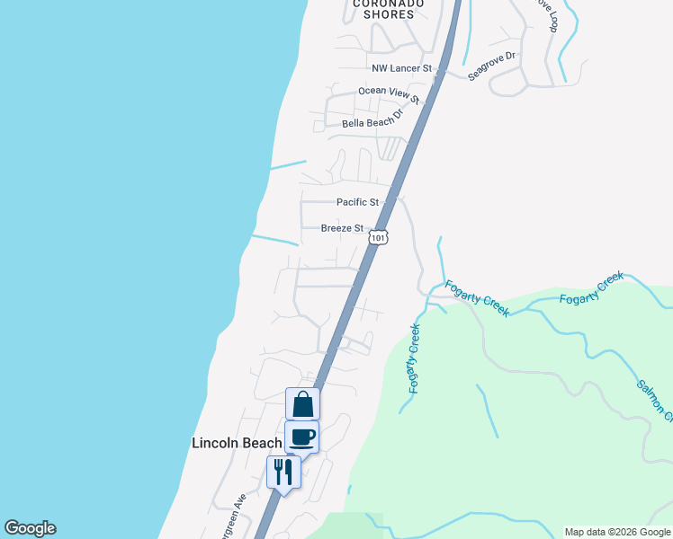 map of restaurants, bars, coffee shops, grocery stores, and more near 250 Division St in Depoe Bay