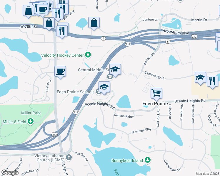 map of restaurants, bars, coffee shops, grocery stores, and more near 8025 School Road in Eden Prairie