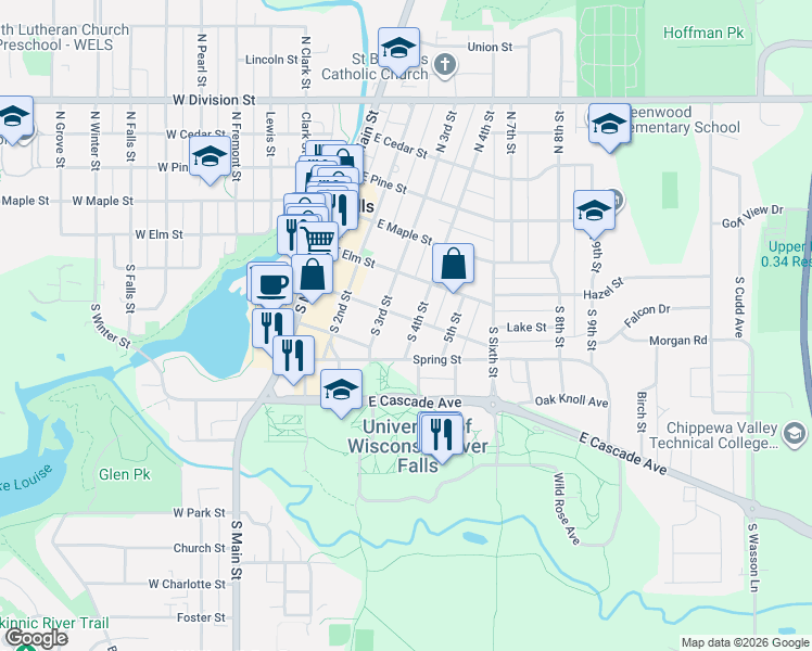 map of restaurants, bars, coffee shops, grocery stores, and more near 208 South 4th Street in River Falls
