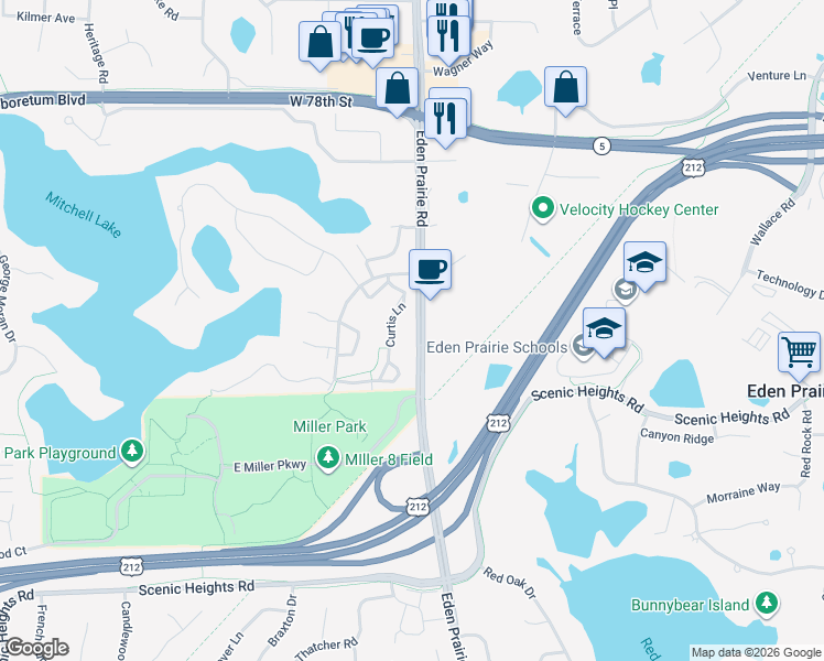 map of restaurants, bars, coffee shops, grocery stores, and more near 8148 Eden Prairie Road in Eden Prairie