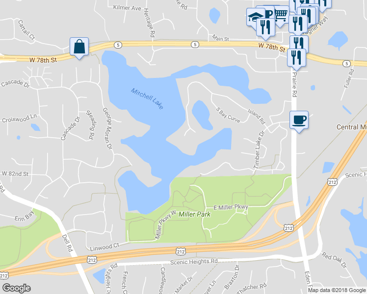 map of restaurants, bars, coffee shops, grocery stores, and more near 8010 Island Road in Eden Prairie