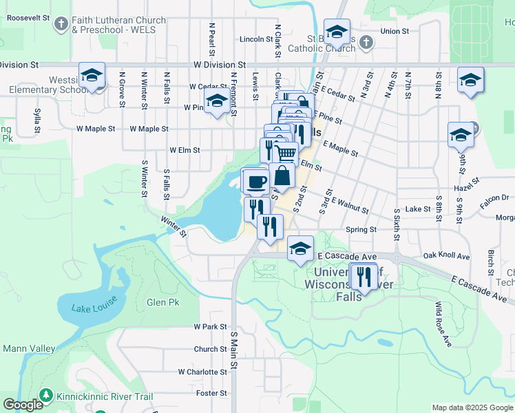 map of restaurants, bars, coffee shops, grocery stores, and more near 303 South Main Street in River Falls