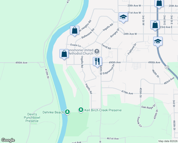 map of restaurants, bars, coffee shops, grocery stores, and more near 2921 Schabacker Court in Menomonie