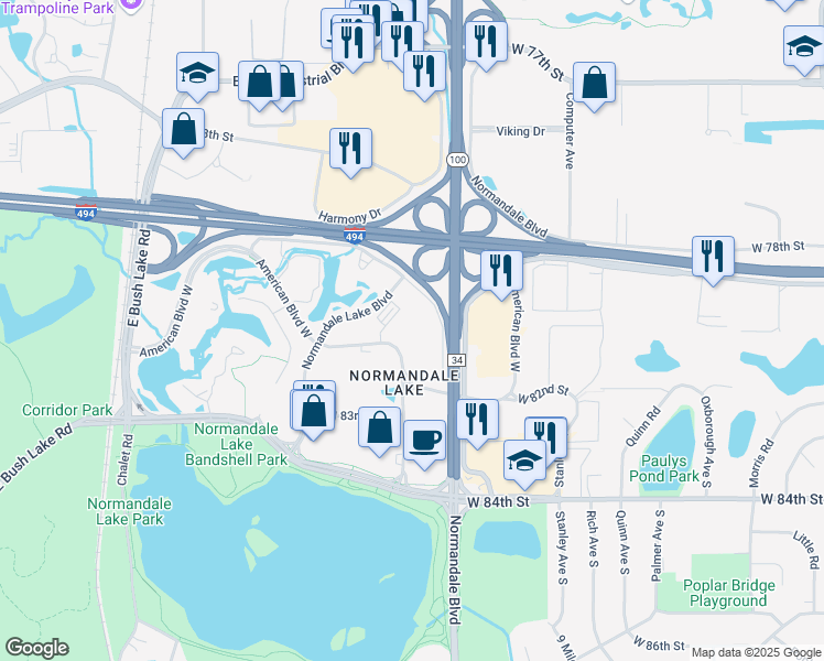 map of restaurants, bars, coffee shops, grocery stores, and more near 5500 American Boulevard West in Bloomington