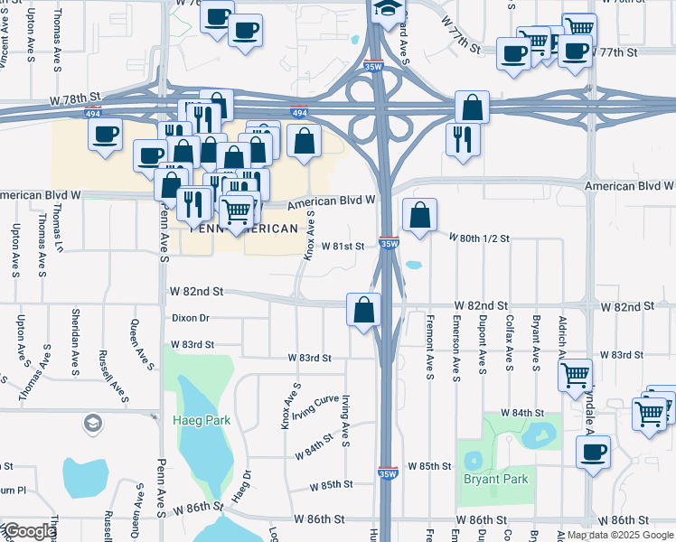 map of restaurants, bars, coffee shops, grocery stores, and more near 1650 West 82nd Street in Bloomington
