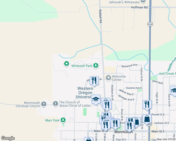 map of restaurants, bars, coffee shops, grocery stores, and more near Stadium Drive North in Monmouth