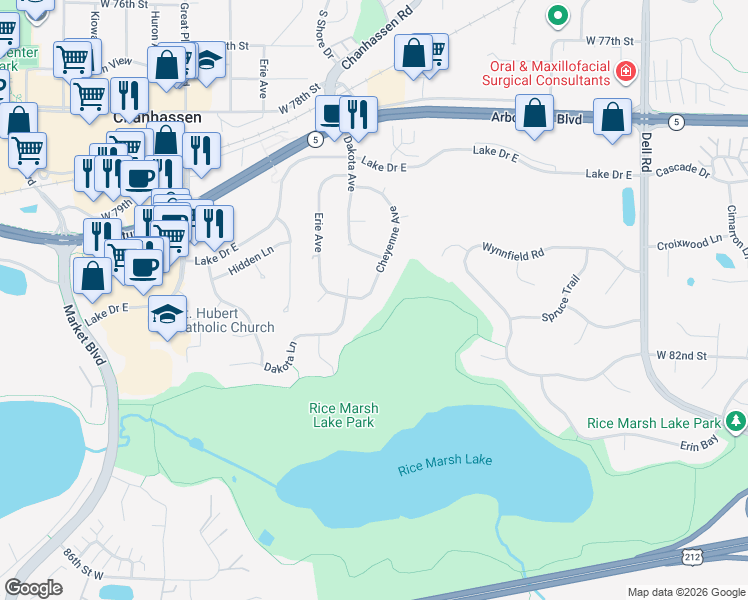 map of restaurants, bars, coffee shops, grocery stores, and more near 8047 Cheyenne Avenue in Chanhassen