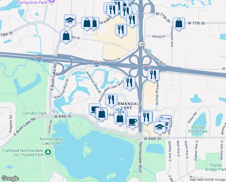 map of restaurants, bars, coffee shops, grocery stores, and more near 8101 Normandale Lake Boulevard in Bloomington