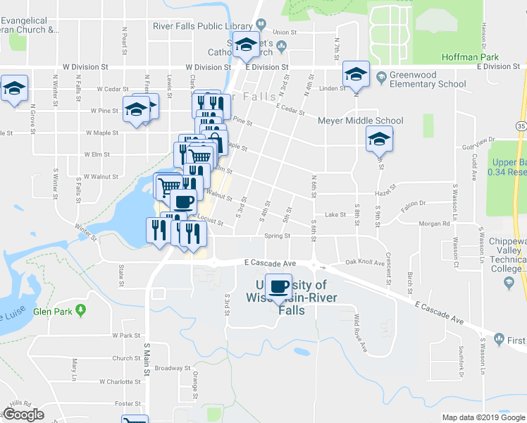 map of restaurants, bars, coffee shops, grocery stores, and more near 208 South 4th Street in River Falls