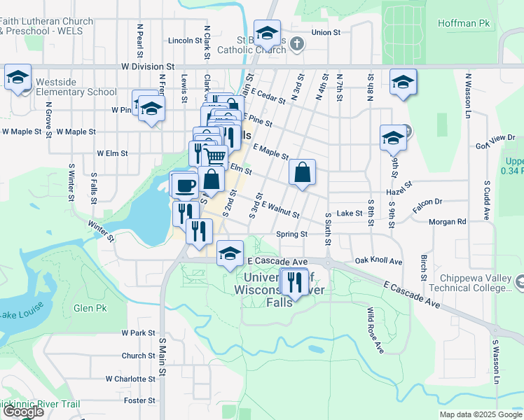 map of restaurants, bars, coffee shops, grocery stores, and more near 214 South 3rd Street in River Falls