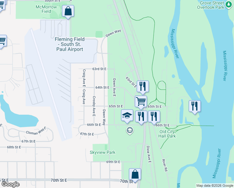 map of restaurants, bars, coffee shops, grocery stores, and more near 6443 Dawn Avenue East in Inver Grove Heights