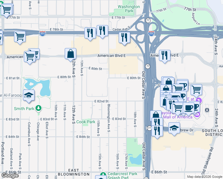 map of restaurants, bars, coffee shops, grocery stores, and more near 8124 16th Avenue South in Bloomington
