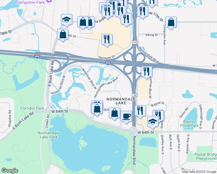 map of restaurants, bars, coffee shops, grocery stores, and more near 5650 American Boulevard West in Bloomington