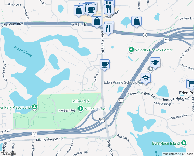 map of restaurants, bars, coffee shops, grocery stores, and more near 8148 Eden Prairie Road in Eden Prairie