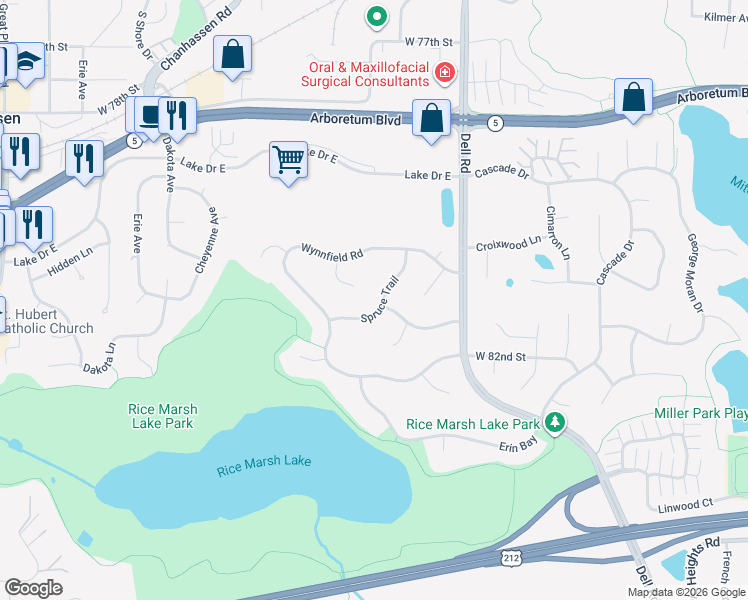 map of restaurants, bars, coffee shops, grocery stores, and more near 8091 Spruce Trail in Eden Prairie
