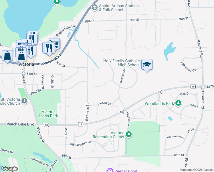 map of restaurants, bars, coffee shops, grocery stores, and more near 1183 Savanna Trail in Victoria
