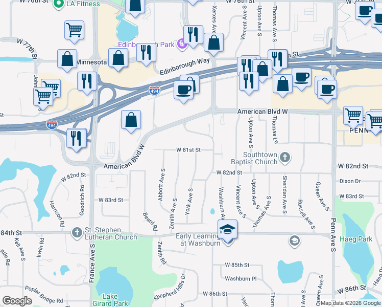 map of restaurants, bars, coffee shops, grocery stores, and more near 8116 York Avenue South in Minneapolis