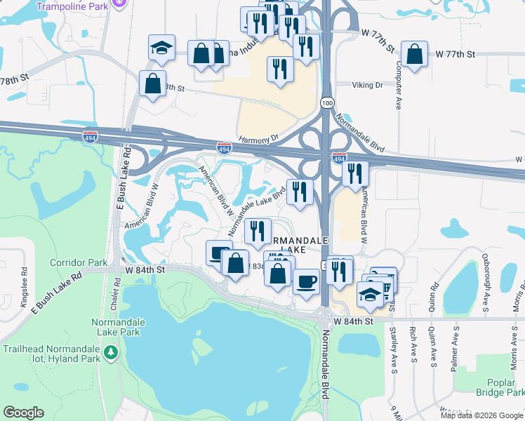 map of restaurants, bars, coffee shops, grocery stores, and more near 5650 American Boulevard West in Bloomington