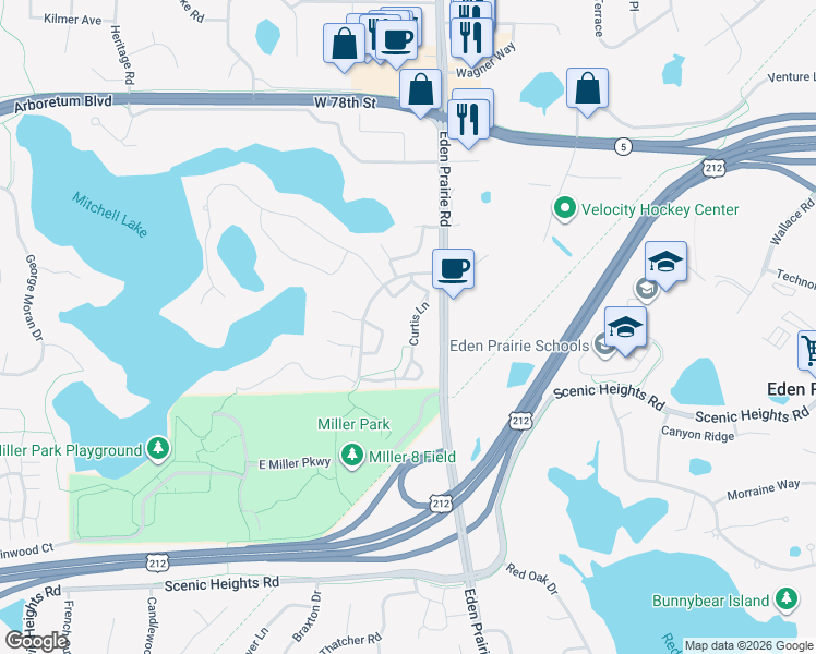 map of restaurants, bars, coffee shops, grocery stores, and more near 8148 Eden Prairie Road in Eden Prairie