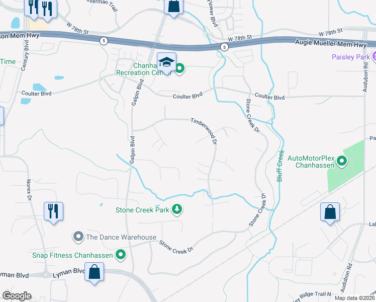 map of restaurants, bars, coffee shops, grocery stores, and more near 2218 Lukewood Drive in Chanhassen