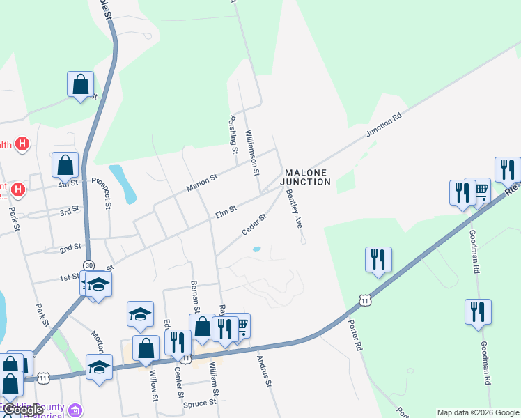 map of restaurants, bars, coffee shops, grocery stores, and more near 52 Cedar St in Malone