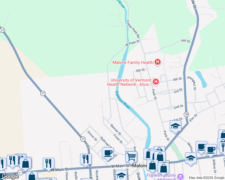map of restaurants, bars, coffee shops, grocery stores, and more near 65 West St in Malone