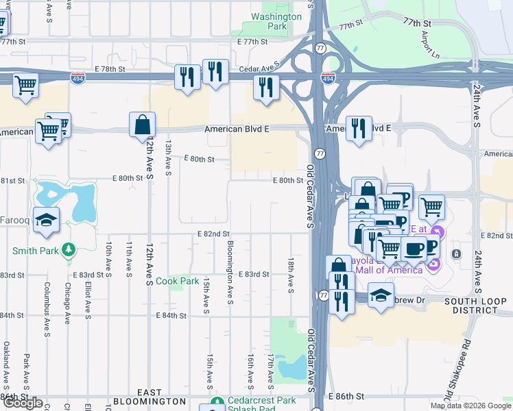map of restaurants, bars, coffee shops, grocery stores, and more near 8124 16th Avenue South in Bloomington