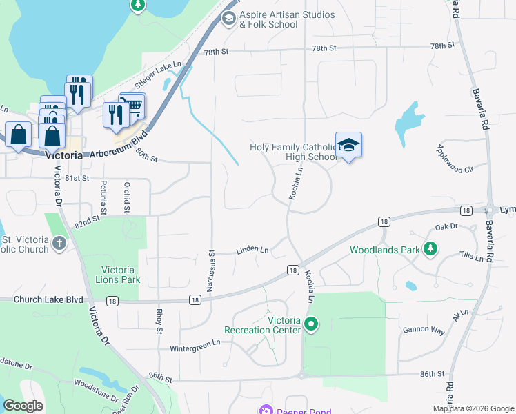 map of restaurants, bars, coffee shops, grocery stores, and more near 1183 Savanna Trail in Victoria