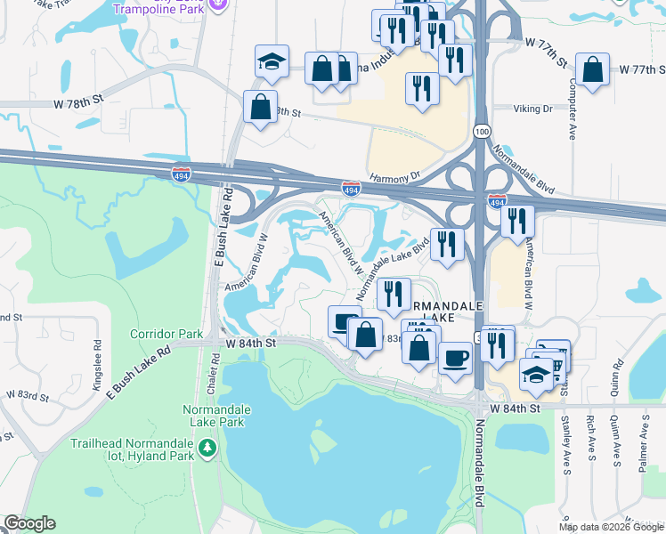 map of restaurants, bars, coffee shops, grocery stores, and more near 8310 Norman Creek Trail in Minneapolis