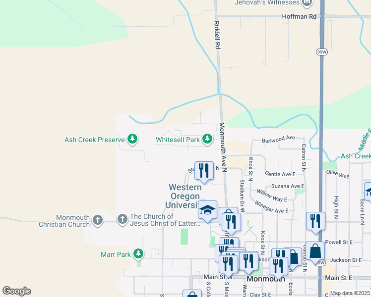 map of restaurants, bars, coffee shops, grocery stores, and more near 446 Maria Street in Monmouth