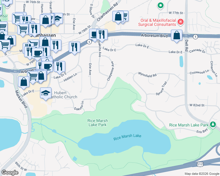 map of restaurants, bars, coffee shops, grocery stores, and more near 8047 Cheyenne Avenue in Chanhassen