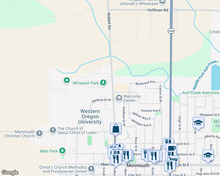map of restaurants, bars, coffee shops, grocery stores, and more near 810 Stadium Drive North in Monmouth