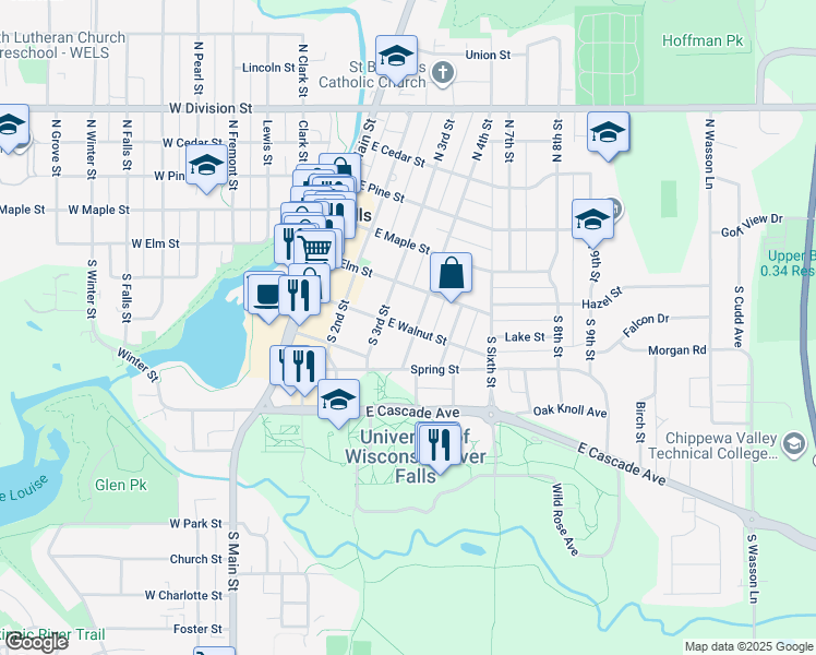 map of restaurants, bars, coffee shops, grocery stores, and more near 208 South 4th Street in River Falls