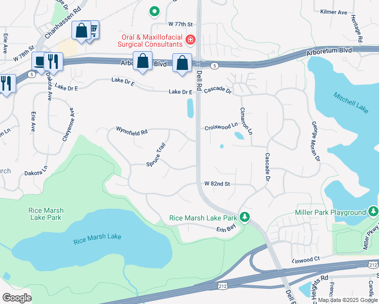 map of restaurants, bars, coffee shops, grocery stores, and more near 18410 Schroers Farm Road in Eden Prairie