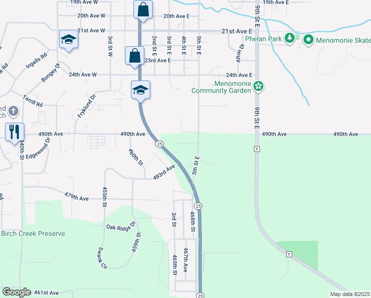 map of restaurants, bars, coffee shops, grocery stores, and more near N4839 470th Street in Menomonie