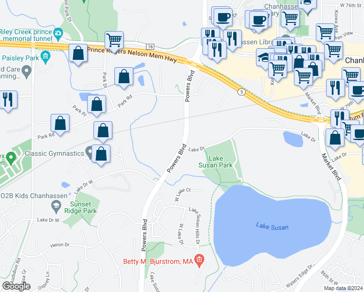 map of restaurants, bars, coffee shops, grocery stores, and more near 8100 Powers Boulevard in Chanhassen