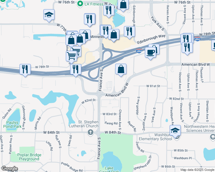 map of restaurants, bars, coffee shops, grocery stores, and more near 3800 American Boulevard West in Minneapolis
