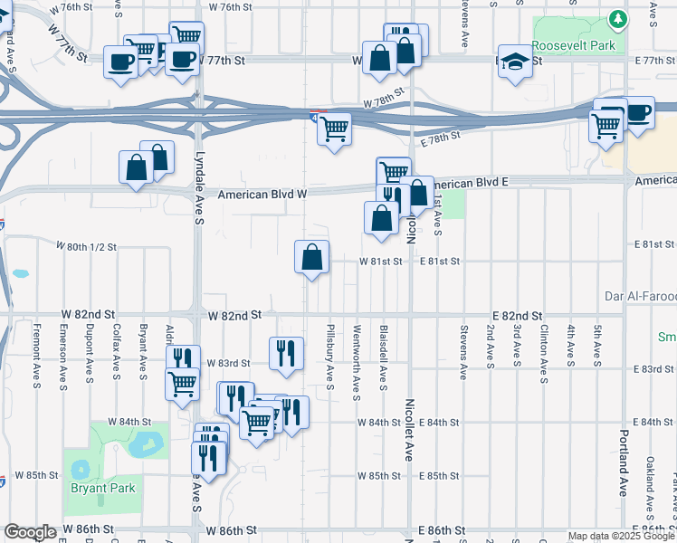 map of restaurants, bars, coffee shops, grocery stores, and more near 8127 Pillsbury Avenue South in Minneapolis
