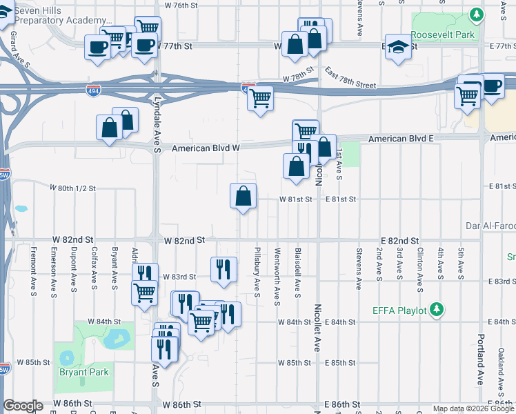 map of restaurants, bars, coffee shops, grocery stores, and more near 8107 Pillsbury Avenue South in Bloomington